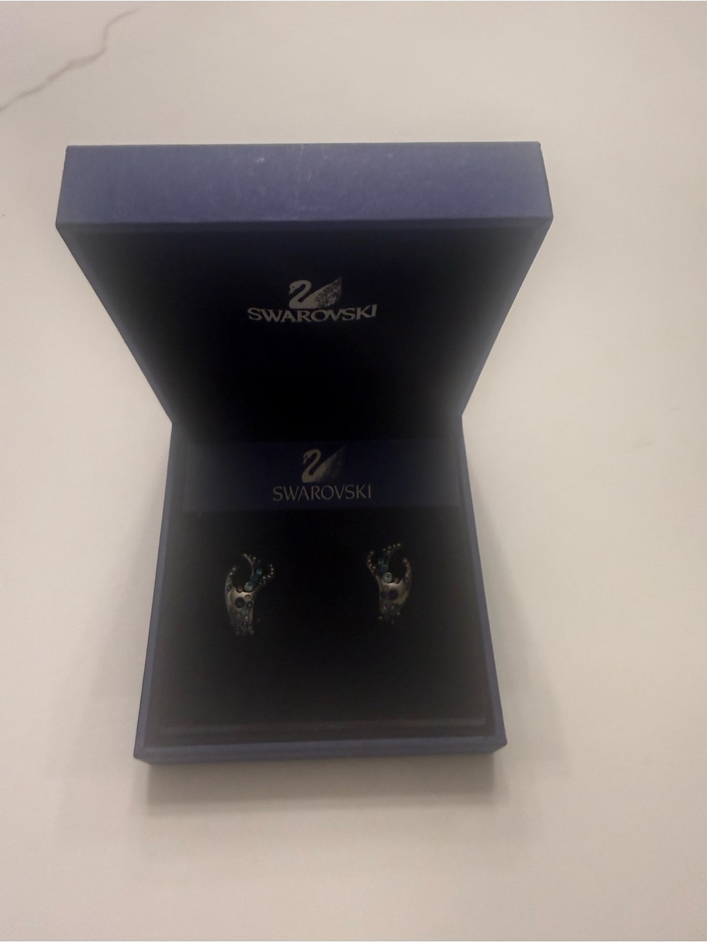 Swarovski  NWT Domination Ruthenium Earrings w/Teal & BlueCrystals, clip-on